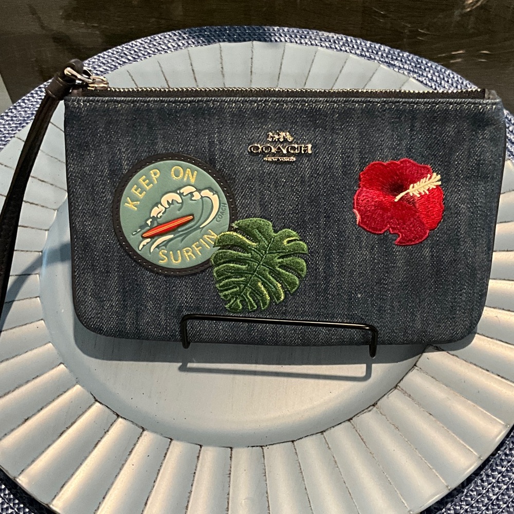 EUC Coach Denim Wristlet With Blue Hawaii Patches